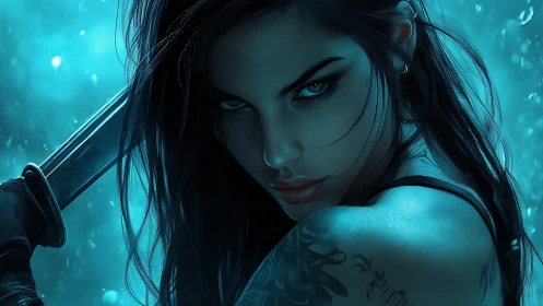 Blue-lit cyber assassin with wet hair and dagger poised.