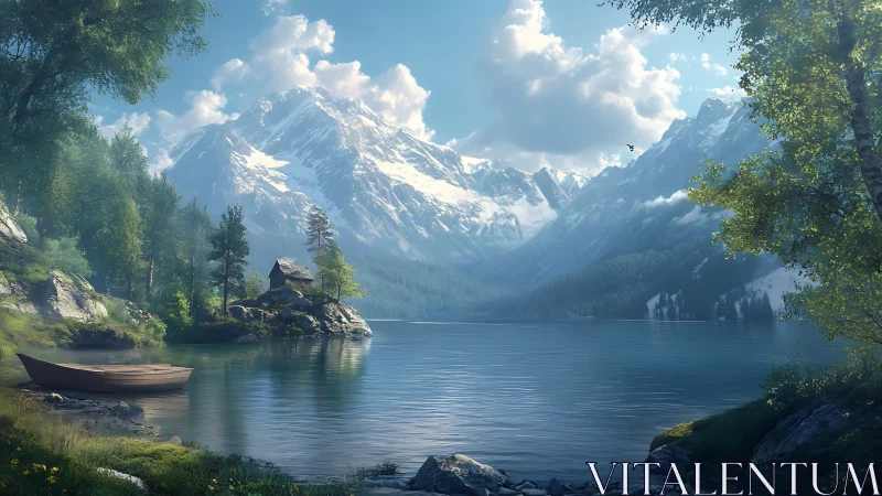 Mountain lake landscape shows cabin, boat and snowy peaks