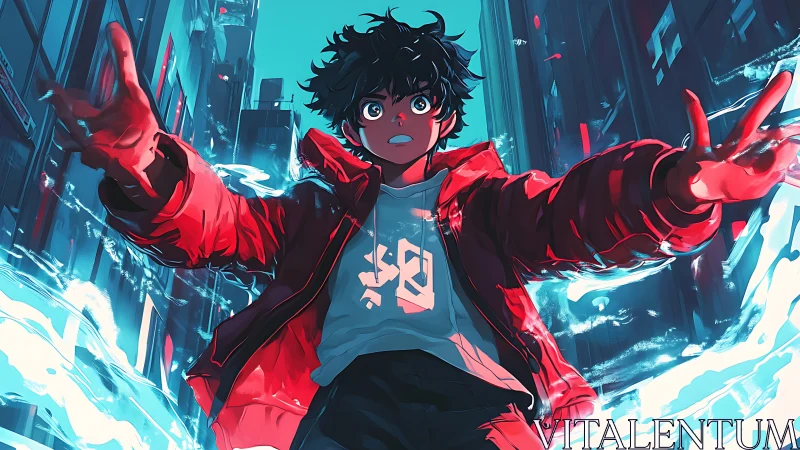 Urban anime teen with glowing energy in city street.