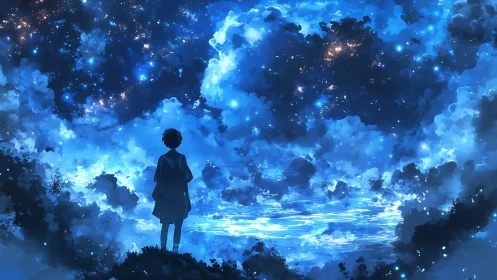 Silhouette observing luminous cloudscape and star field.
