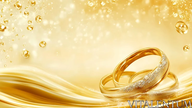 Golden wedding bands in luminous liquid gold environment.