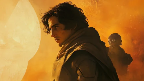 Storm-lit wanderer gazes toward destiny in desert light