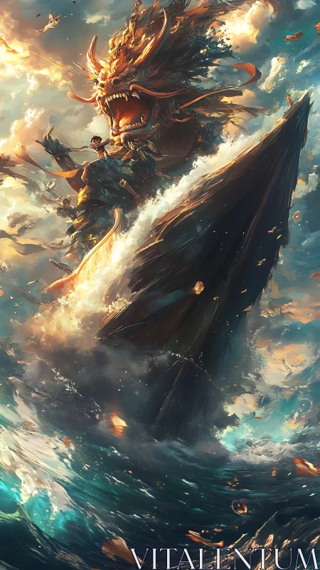 Storm-carved dragon bursts from the sea beside bold rider