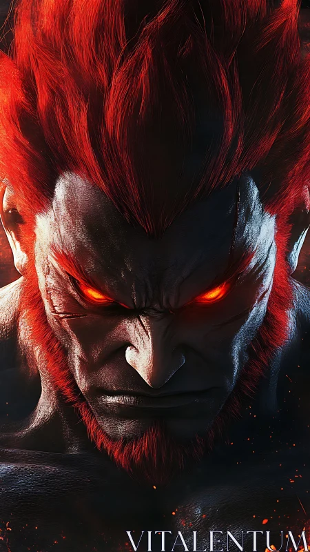 Fiery haired demonic humanoid portrait with glowing eyes.