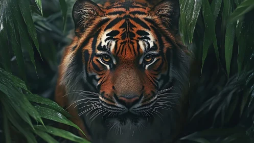 Tiger emerges from shadowed jungle foliage, eyes locked forward.