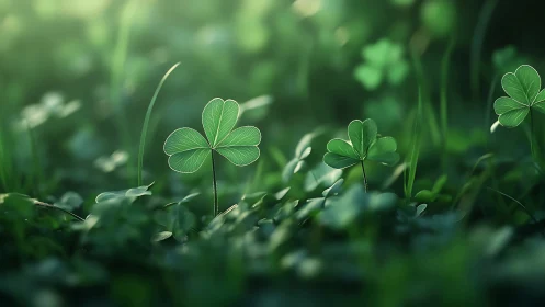 Close-up clover leaves in soft green field lighting scene.
