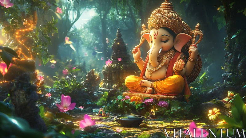 Divine Ganesha meditates amid glowing lotus forest sanctuary.