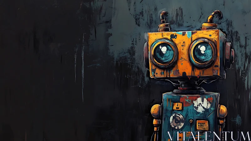 Quirky painted robot stares from a moody dark backdrop.