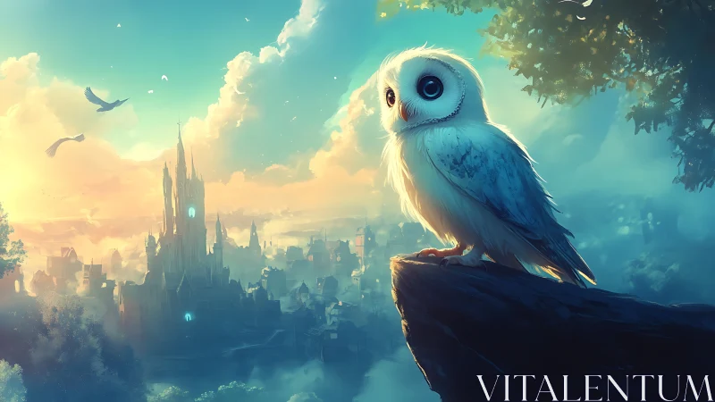 Whimsical Owl Overlooking Fantasy Castle at Sunrise, Digital Art.