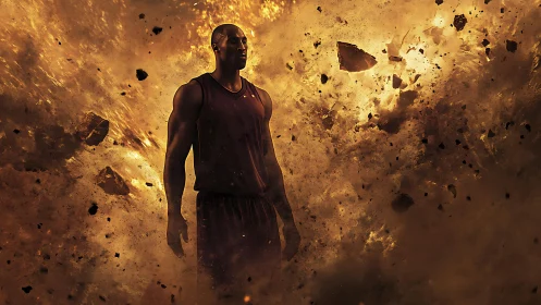 Basketball player figure amid suspended fiery debris field.