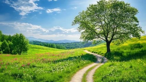 Sunlit country path curves gently through bright spring meadow