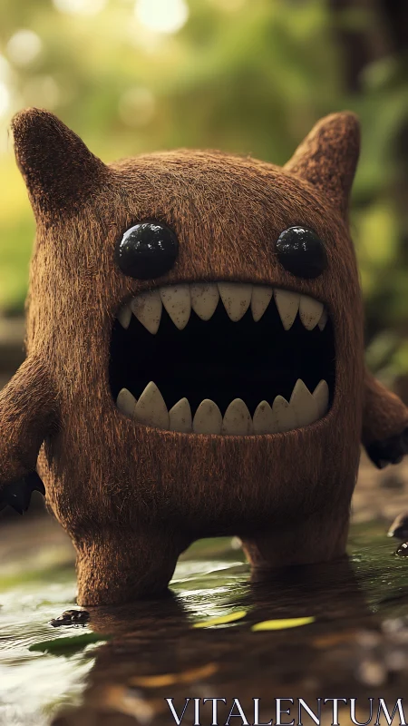 Furry brown monster model stands in shallow water with glossy eyes