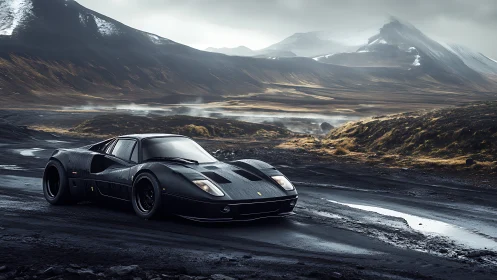 Midnight sports car pauses boldly on a misty mountain road