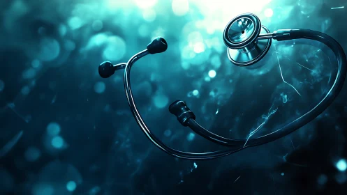 Fluorescent teal stethoscope in suspended clinical macro space.