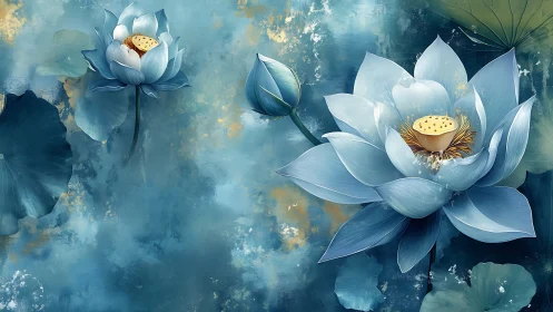 Blue lotus flowers on textured teal abstract background.
