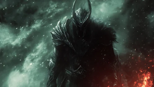 Armored dark knight emerges through volumetric infernal haze