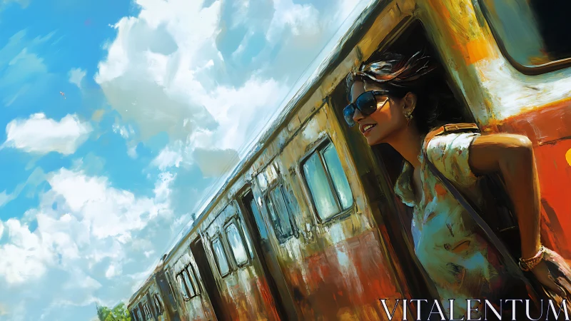 Sunlit train escape with joyful traveler in motion panorama.