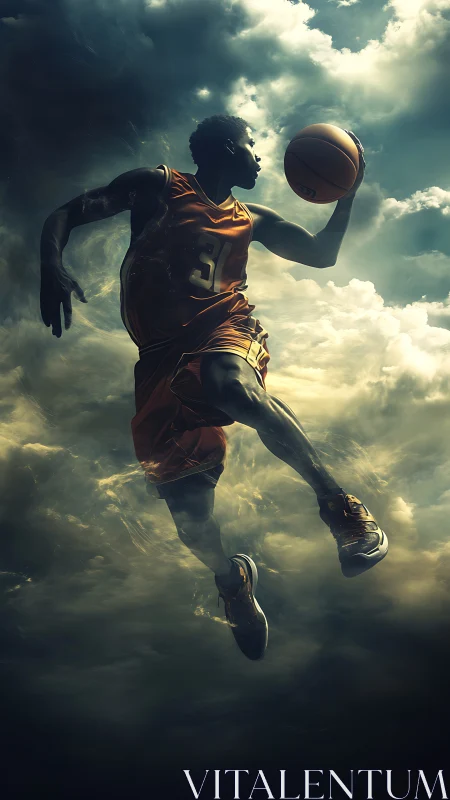 Basketball player suspended midair against stormy sky.