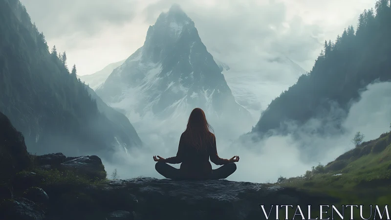 Person meditating on rock ledge before misty mountain range.