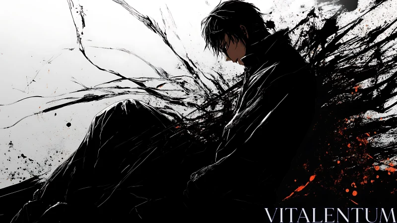 Solitary figure dissolving into black ink chaos.