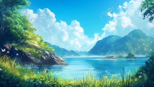 Mountain Lake Landscape with Lush Vegetation and Blue Sky.