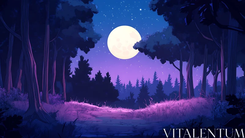 Moonlit Forest Landscape with Glowing Grassland
