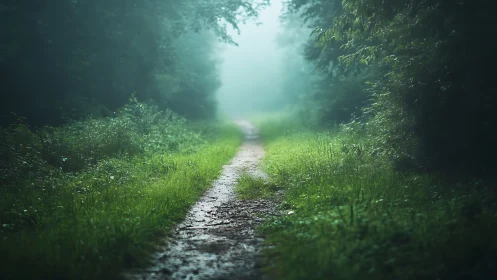 Misty forest path with lush greenery in atmospheric style.