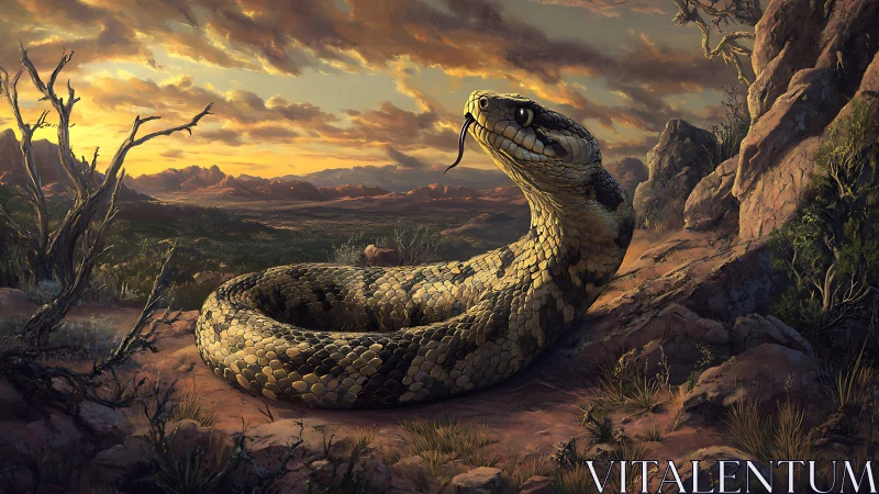 Coiled snake on rocky desert hillside at sunset landscape.