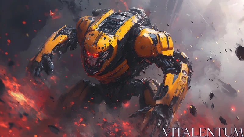 Heavy combat exosuit descends through eruptive debris field under fire