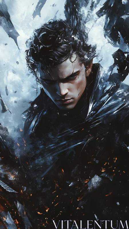 Brooding dark-haired figure amid fractured icy vortex.