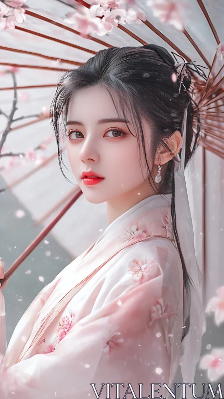 Digital hanfu portrait with cherry blossoms and parasol focus.