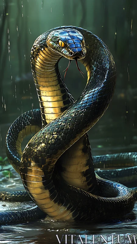 Coiled serpent rises in the rainlit swamp with quiet power