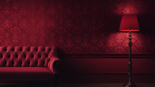 Crimson velvet sofa with ornate lamp in moody interior.