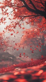 Scarlet maple leaves swirl through misty autumn forest
