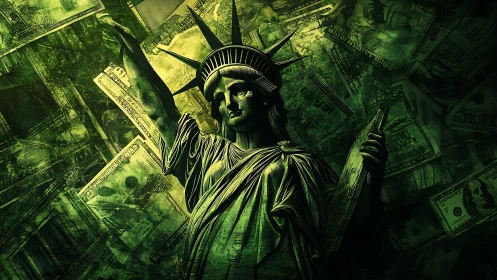 Statue of Liberty rendered over layered US dollar banknotes