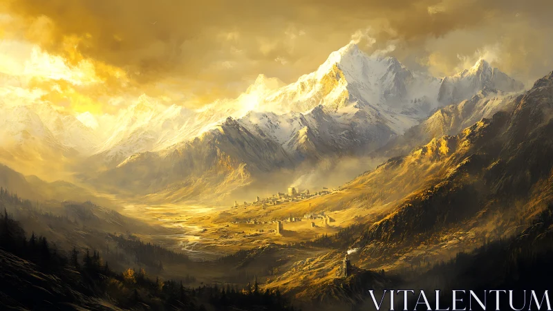 Sunlit valley kingdom beneath storm-kissed alpine crowns.