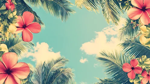 Tropical Floral Composition with Palm Fronds and Turquoise Sky.