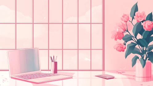 Monochrome rose-tinted workspace with laptop and florals.