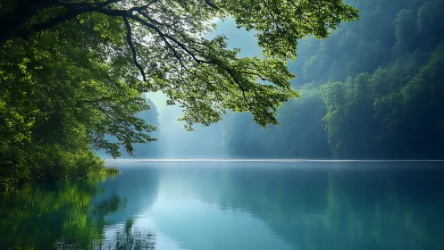 Serene misty forest lake with overhanging foliage and reflections