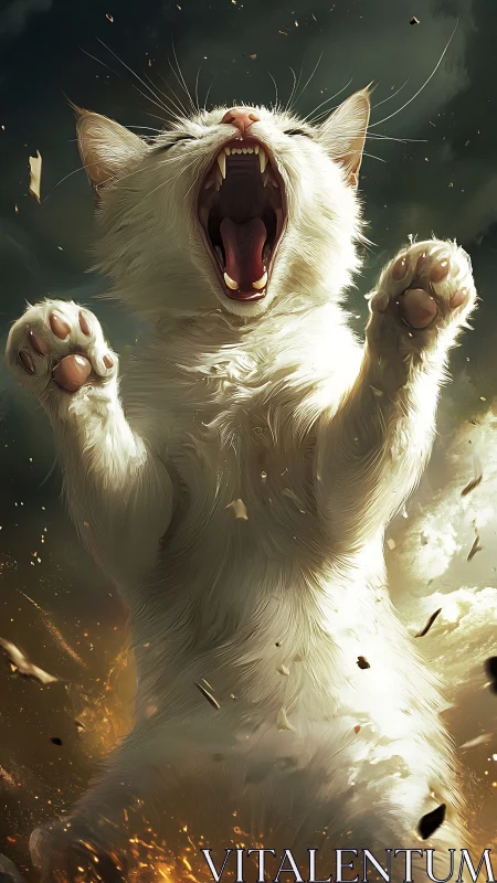Ferocious White Cat Erupts with Dynamic Power.
