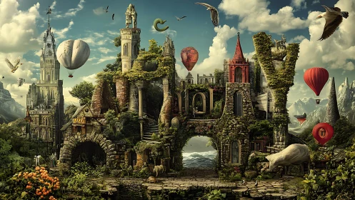 Surreal stone cityscape spelling LOVE with floating airships.