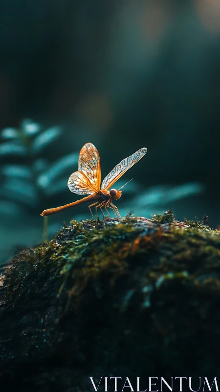Macro study of orange damselfly on mossy substrate at dusk.