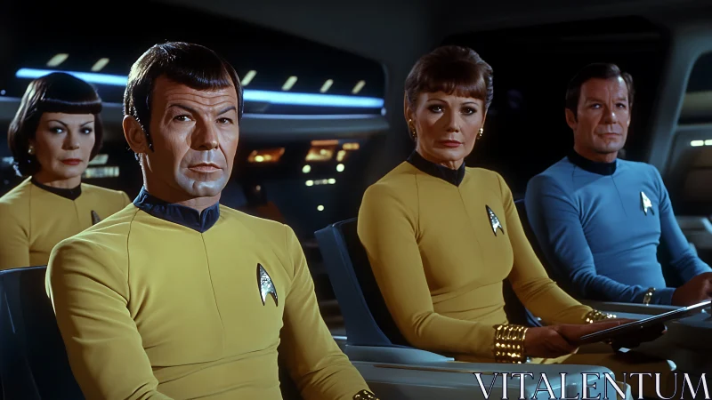 Starship bridge crew in uniformed seated formation.