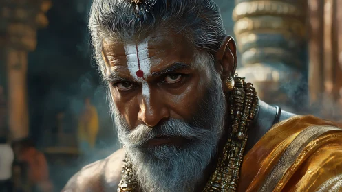 Hyperreal digital portrait of stern elder with ritual tilaka.