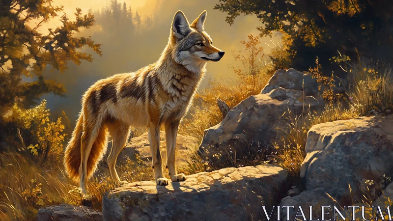 Golden light welcomes a calm coyote on a rocky forest ledge
