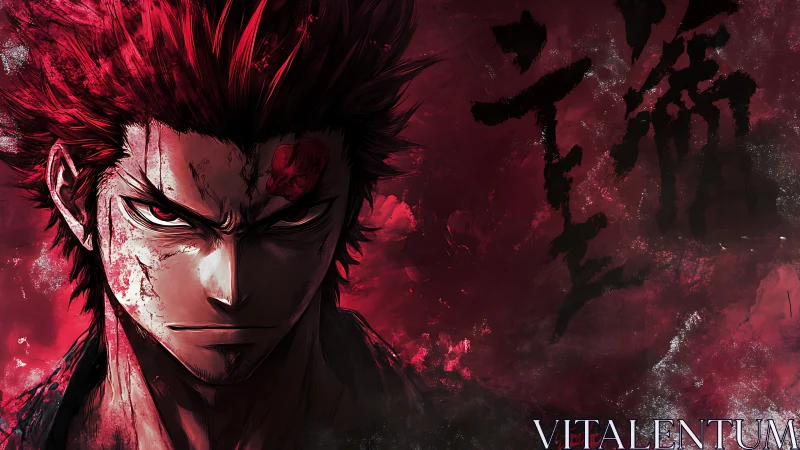 Scarlet-eyed warrior simmering in smoke and wrathful calm.