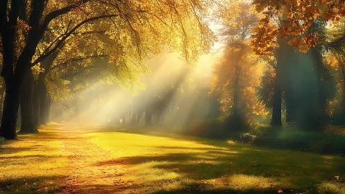 Golden forest path glows under soft morning sunlight beams.