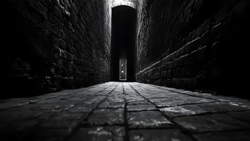 Low-angle monochrome alleyway with distant light portal.
