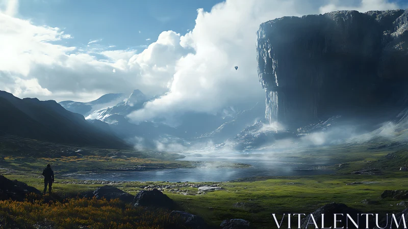 Vast sci‑fi valley landscape frames lone explorer and cliff