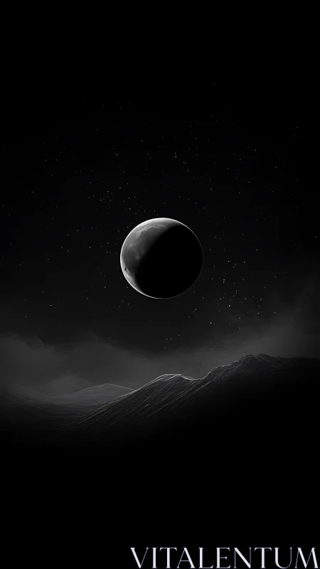 Crescent moon hangs over shadowed alien mountain landscape